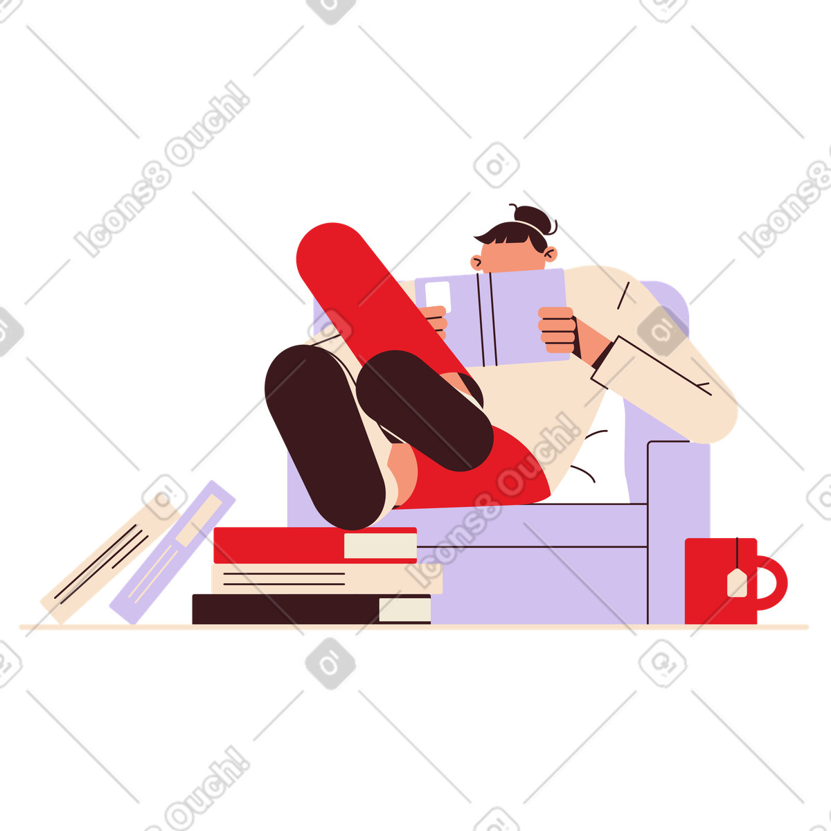 下载 Folks 风格的 Book lover relaxing in living room, Cozy home reading 插画，支持 PNG、SVG 格式