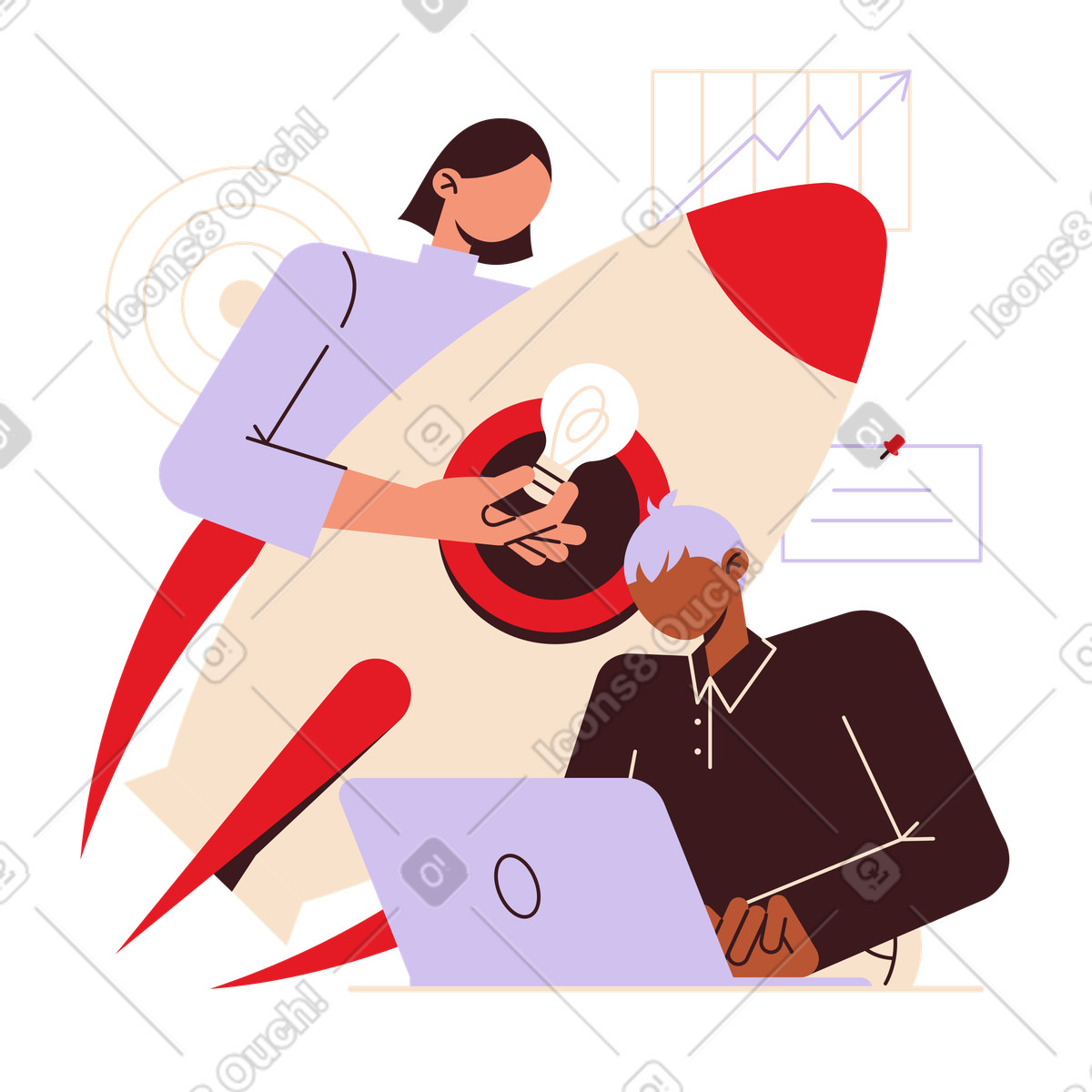 Ilustração de Woman and man preparing startup rocket to launch with ideas em no estilo Folks para baixar em PNG, SVG