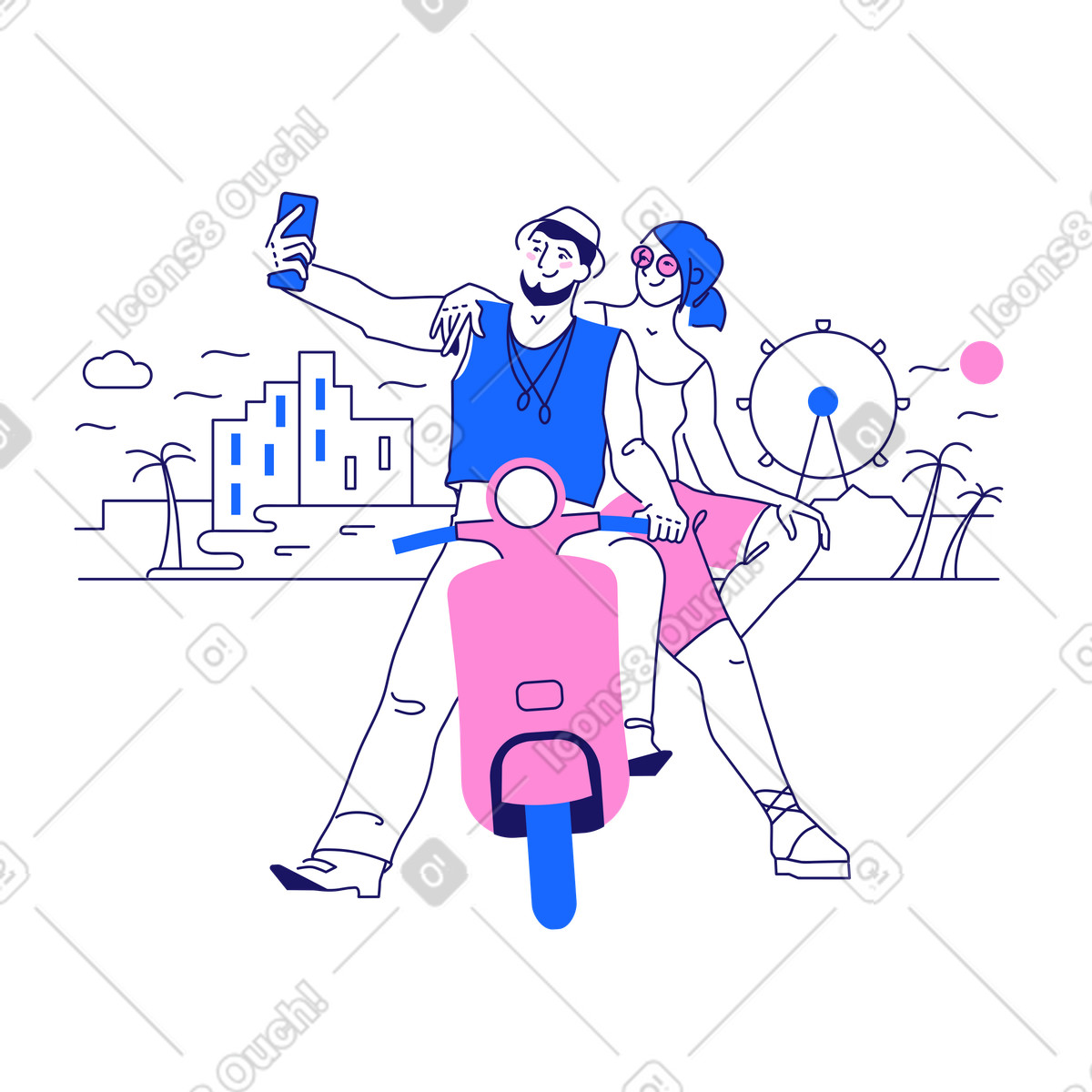 Travelers on a scooter take selfie against the backdrop of city illustration in Matey style download in PNG, SVG