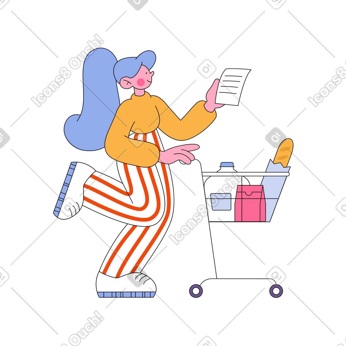 Ragazza che cammina con il carrello e guardando la lista illustrazione in stile Bloom scarica in PNG, SVG