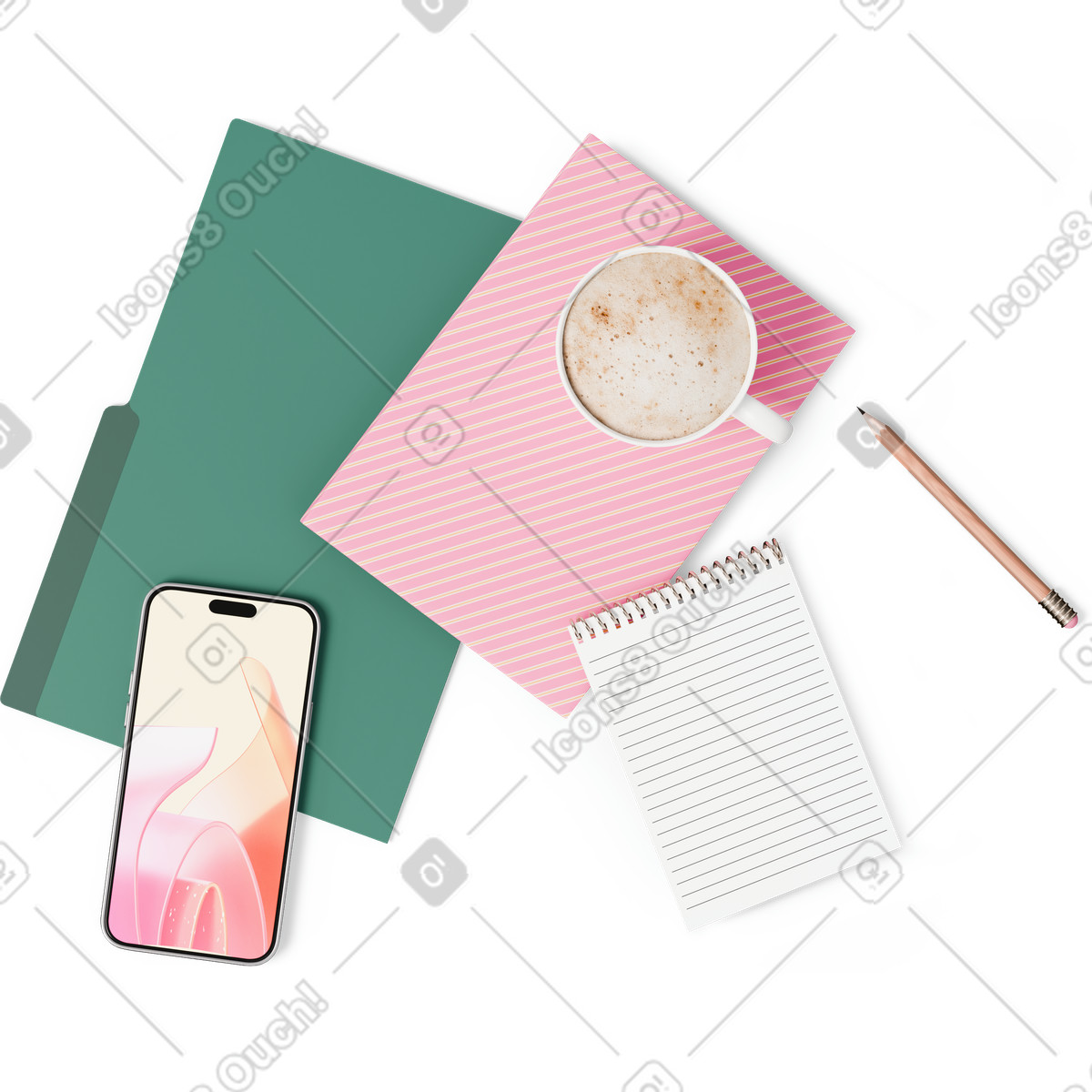 Ilustração de Vista superior da pasta, smartphone, dois cadernos, xícara café e lápis em no estilo 3D Hygge para baixar em PNG, SVG