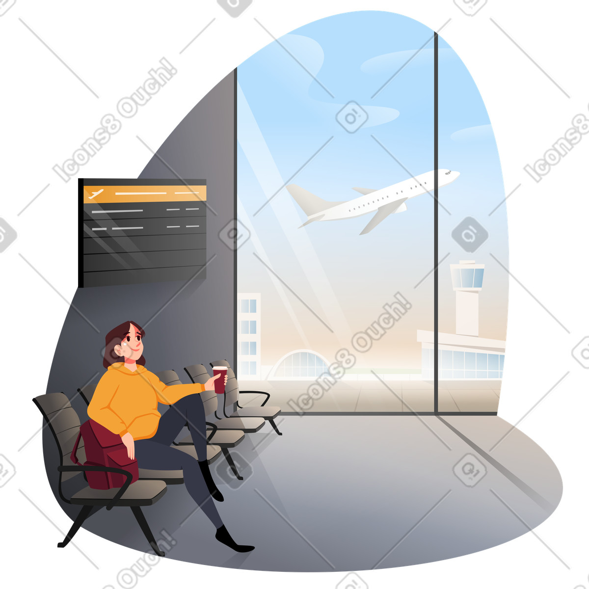 下载 Vivid 风格的 在机场喝咖啡的女人 插画，支持 PNG、SVG 格式