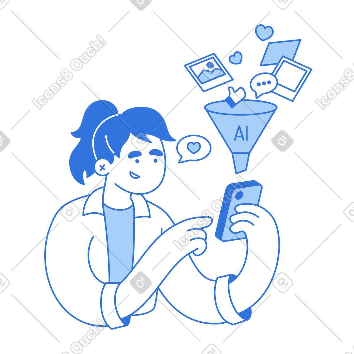 Illustration Mobile user receiving ai suggestions, personalized social media feed dans le style Sky à télécharger aux formats PNG, SVG