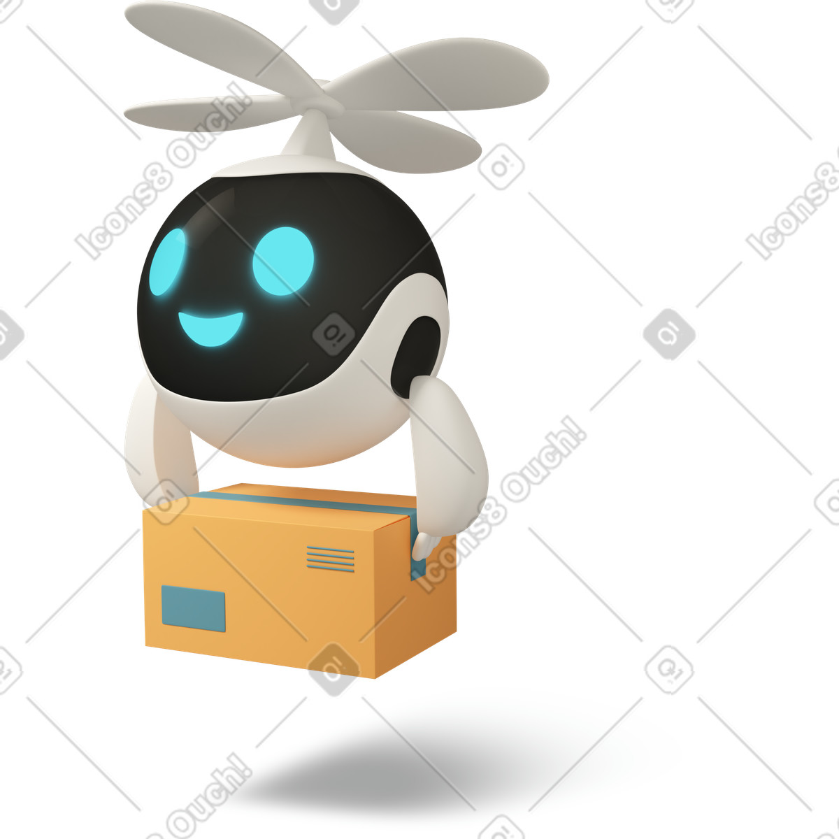Ilustración animada Flying delivery robot holding mail box en estilo 3D Casual life a descargar en GIF, Lottie (JSON), AE