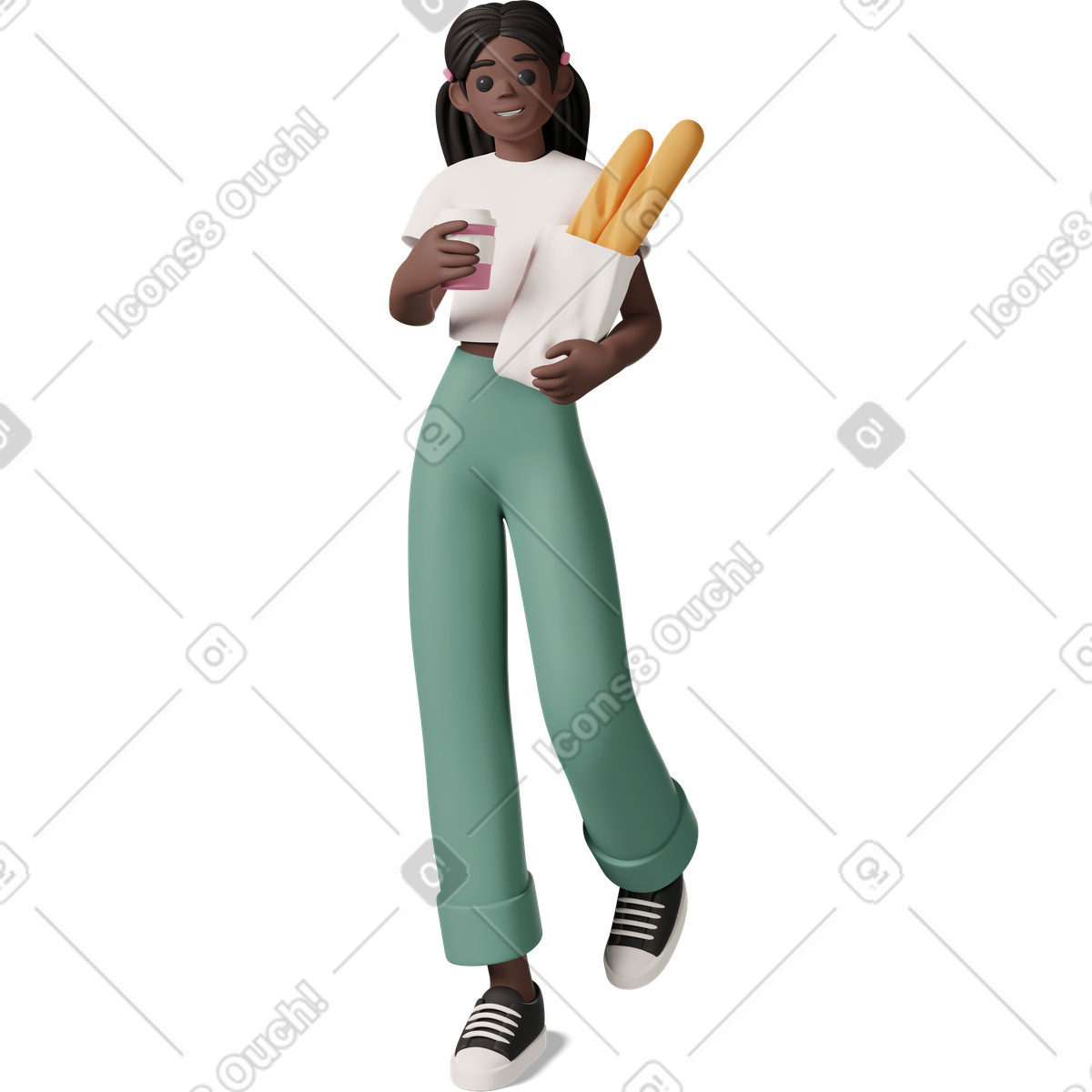 Black girl holding baguette and cup of coffee illustration in PNG, SVG