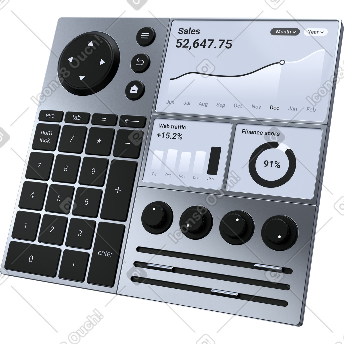 Financial analytics console, sales metrics dashboard, business intelligence panel illustration in 3D Pro style download in PNG, SVG