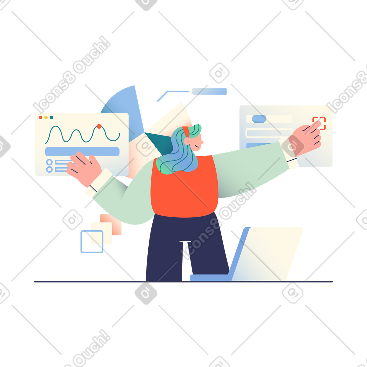 Data analyst looking at charts animated illustration in GIF, Lottie (JSON), AE