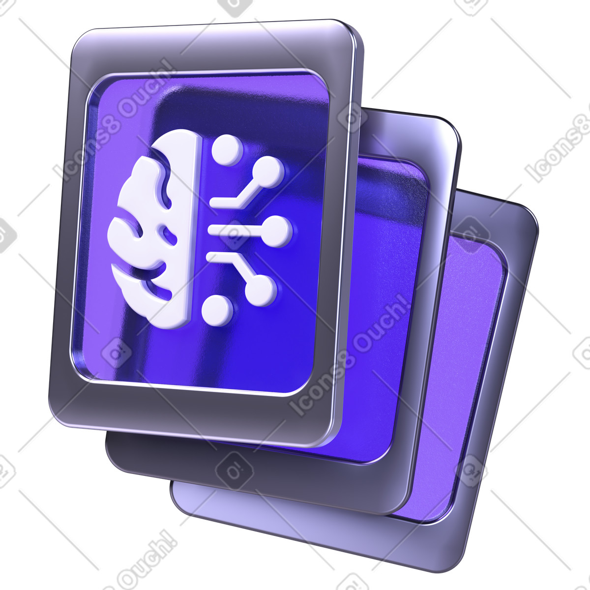 Ilustración Mosaicos de ia apilados en 3d con icono chip cerebral, hardware inteligencia artificial, procesamiento inteligente datos estilo Boost a descargar PNG y SVG