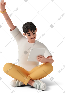 Young man with tablet celebrating success PNG, SVG