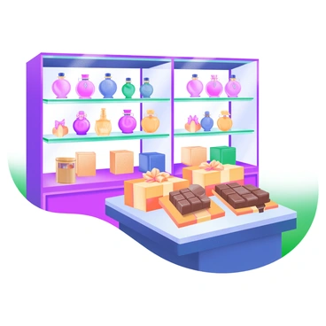 A vibrant duty-free shop filled with an array of colorful perfume bottles arranged on elegant glass shelves. The shelves are adorned with various rich and intricate designs, showcasing perfumes in shades of pink, blue, and gold. Alongside the perfumes, an assortment of chocolate boxes, wrapped in bright, glossy packaging, sits attractively on a well-organized display table. The chocolates come in different shapes and sizes, with some featuring decorative patterns and ribbons. The shop has an inviting atmosphere, with soft lighting highlighting the products and a warm ambiance.