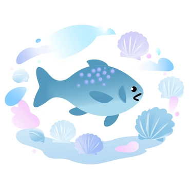 A fish with vibrant scales is swimming in shallow water. Surrounding the fish is a collection of diverse seashells in various shapes and sizes, including spiraled conchs and flat bivalves. The seabed is covered with soft sand, and the sunlight is filtering through the water, creating a pattern of light and shadow on the shells and fish. Each seashell displays intricate textures and colors, adding to the underwater scene.