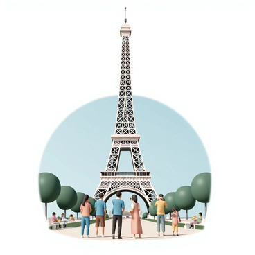 A detailed 3D illustration of the "Eiffel Tower" towering over the scene. The tower is made of intricate iron lattice, showcasing its unique structure. In the foreground, a group of tourists stands, some taking pictures with their smartphones, while others admire the view. The tourists include a man wearing a blue jacket, a woman in a red dress, and a child holding a balloon. Lush green trees surround the base of the tower, and a clear blue sky provides a beautiful backdrop. A few benches and people having a picnic can be seen nearby, adding to the lively atmosphere.