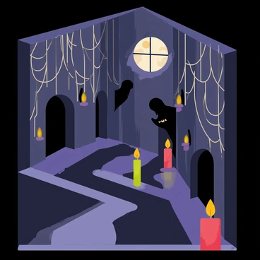 A spooky haunted house maze with dark, twisted walls and an eerie atmosphere. The maze is filled with gray cobwebs draping from the corners and crevices. Flickering candles are placed along the pathway, casting shadows and illuminating the surroundings with a dim, flickering light. Shadows of ghostly figures can be seen lurking in the corners, adding to the unsettling feeling of the maze. A full moon is visible through a broken window, providing a faint glow that enhances the spooky ambiance.