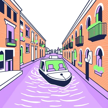 A water taxi cruising along a narrow, historic canal lined with old brick buildings