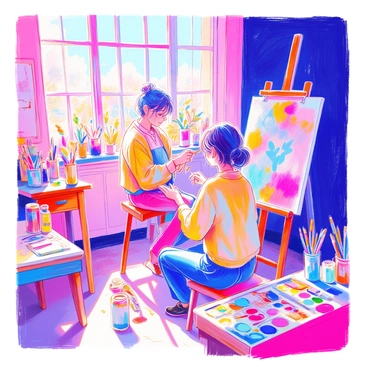 A person named Webbi is painting on a large canvas. The canvas is propped up on an easel in the center of a sunlit art studio. Sunlight streams through the large windows, illuminating the space. Various art supplies are scattered around, including tubes of paint, brushes of different sizes, and a palette with vibrant colors. The walls of the studio are adorned with different artworks. There is a wooden table nearby, cluttered with sketchbooks and jars filled with clean water.