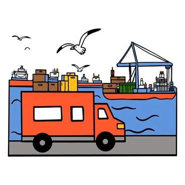 A parcel truck with a bright red body is parked at the edge of a bustling harbor. The truck has large, square windows and an open back filled with boxes and packages. In the background, there is a busy harbor with several large ships, including container ships and fishing boats. The water is a vibrant blue with gentle waves, and seagulls can be seen flying overhead. There are cranes in the distance, busy loading and unloading cargo. The scene showcases both the truck and the dynamic activity of the harbor.