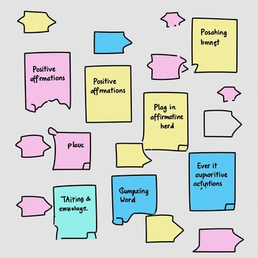 A wall covered with colorful sticky notes in various shapes and sizes. Each sticky note features "positive affirmations" and "supportive words" written in different handwriting styles. The colors of the notes include bright yellow, soft pink, calming blue, and vibrant green. Some notes are arranged in clusters, while others are scattered, creating a lively and encouraging atmosphere. The wall itself is painted a light gray, contrasting with the vivid colors of the sticky notes. A few notes are slightly curled at the edges, adding to the dynamic feel of the scene.