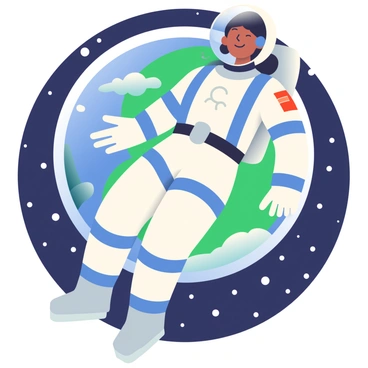 A female astronaut with medium brown skin and short black hair is floating weightlessly in a spacecraft. She is wearing a white spacesuit with blue and gray accents, and her helmet is reflecting the distant stars. Her arms are spread out slightly, showing a sense of freedom in the vacuum of space. Through a circular portal behind her, the vibrant blue and green of Earth is visible, with white clouds swirling across the surface. The stark blackness of space surrounds her, dotted with tiny, twinkling stars.
