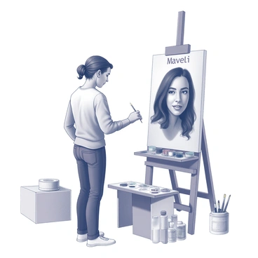 An artist stands in front of a large canvas, focused intently on their work. The artist is captured mid-action, with a paintbrush in hand, applying paint to the canvas. The canvas features a portrait of "Maveli," who is depicted with an engaging expression. The artist's palette rests nearby, filled with various shades. The workspace is scattered with brushes and paint tubes, indicating a lively creative process. The background includes a few art supplies and a well-lit space, enhancing the scene of artistic creation.