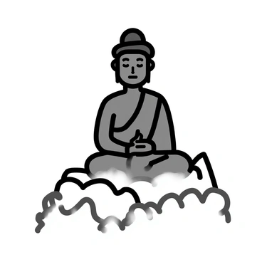 A large "Adiyogi statue," resembling a serene humanoid figure, is positioned prominently at the summit of a "mountain peak." The statue is made of dark stone, with intricate details on the face and features. Surrounding the statue, there are "mist and clouds" that gently envelop the area, creating a mystical atmosphere. The "mountain peak" is rocky and rugged, contrasting with the smooth surface of the statue. The clouds appear soft and fluffy, partially obscuring the view of the mountain's slopes. The overall composition emphasizes the statue's prominence against the ephemeral backdrop of mist and clouds.