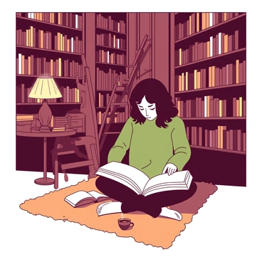 A person with curly brown hair is sitting cross-legged on a soft, plush carpet in a cozy library. They are deeply engrossed in a large open book resting on their lap. The library is dimly lit by warm, soft light emanating from antique lamps placed on wooden side tables. Surrounding the person are towering bookshelves filled with countless books, some with brightly colored spines. A small wooden ladder leans against one of the shelves, suggesting the immense height of the collection. A steaming cup of tea is placed within reach on the floor beside the person, adding to the inviting atmosphere.