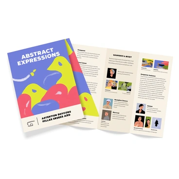 A colorful brochure featuring a large cover displaying several abstract paintings in vibrant hues of blue, red, yellow, and green. Each painting has unique shapes and textures, with swirling patterns and geometric forms. The title of the exhibition, “Abstract Expressions,” is prominently featured in bold, white letters at the top. The background of the brochure is a soft gradient that complements the colors of the paintings. Inside the brochure, there are sections that highlight the featured artists, each accompanied by small images of their works. The layout is clean and organized, with detailed descriptions of the paintings and artists.