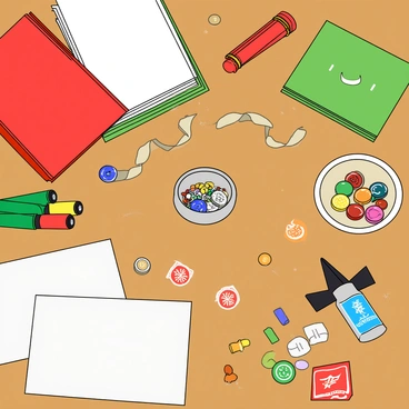 A wooden table with a smooth surface, covered with various craft supplies for making handmade holiday cards. There are several sheets of colorful cardstock in red, green, and white, stacked neatly on one side. Scattered around, there are brightly colored markers, scissors with decorative edges, and rolls of shiny ribbon. A small bowl contains an assortment of buttons in different shapes and sizes, while a pair of glue sticks and a bottle of glitter glue sit prominently in the center. In one corner, there are stamps with festive designs and an ink pad. A few holiday-themed stickers are also spread across the table, ready to be used. 