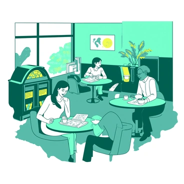 A teal 1950s coffee house is filled with couples engaged in conversation over cups of coffee. Each couple is seated at round wooden tables, some with checkered tablecloths. Soft yellow lighting illuminates the room, creating a warm ambiance. In one corner, a couple is reading newspapers while sharing a slice of cake. Another couple is laughing, leaning in close to each other, with coffee cups in hand. A vintage jukebox stands against the wall, adding to the nostalgic atmosphere.