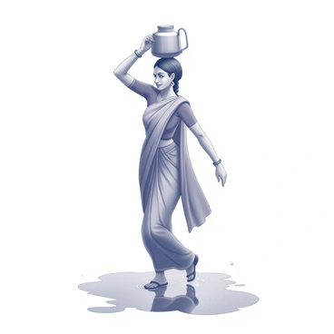 An Indian woman is walking through puddles created by the monsoon rain. She is dressed in a traditional saree, which drapes elegantly around her. On her head, she balances a large, round water jug, showcasing her poise and strength. The ground is glistening with water, reflecting the soft outlines of her silhouette as she splashes through the puddles. Her hair is tied back in a neat braid, and she has an expression of determination as she navigates the wet terrain. Small drops of rain can be seen falling, adding to the dynamic environment around her.