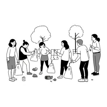 A group of diverse local residents is gathered in a park, actively cleaning up litter. They are using trash bags and gloves to collect waste scattered on the grass. Each person is engaged in the task, with smiles on their faces, showcasing a sense of unity and teamwork. In the background, trees and park benches are visible, adding to the park's charm. A few individuals are chatting and laughing as they work, while others focus on their cleaning efforts. The scene captures a community spirit in action.