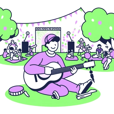 A colon character is seated on a grassy patch at an outdoor music festival. It is holding a guitar, with its body relaxed and a cheerful expression on its face. The colon is surrounded by various musical instruments scattered across the ground, including a tambourine and a microphone stand. In the background, a stage is set up with colorful lights and speakers. A crowd of enthusiastic festival attendees can be seen enjoying the music, some dancing while others are sitting on blankets. Colorful banners and balloons are hung among the trees surrounding the festival area.