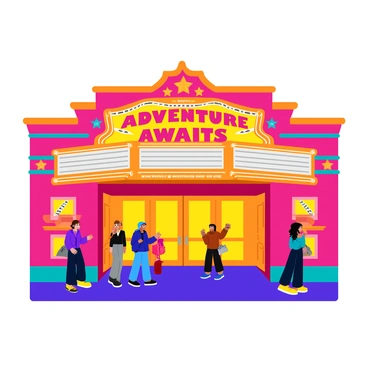A bright, vintage movie theater marquee displaying the title of the latest blockbuster, "Adventure Awaits." The marquee features bold, colorful letters with a glowing neon border. Surrounding the marquee are decorative elements like stars and film reels, enhancing the classic cinema feel. The theater building has a brick facade with large glass doors, and vibrant lights illuminate the entrance, creating a lively atmosphere. A few excited moviegoers can be seen standing in line, eagerly waiting to enter.