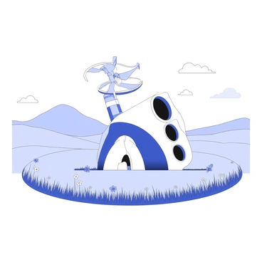 A futuristic machine is situated in the center of a vast field. The machine has a sleek, metallic design with intricate mechanical components visible on its surface. It features several large intake vents on its sides, designed to draw in air. Above the machine, there are multiple rotating blades that create a gentle breeze. Surrounding the machine, the field is filled with tall grass and scattered wildflowers. In the background, there are distant hills that rise softly against the horizon, adding depth to the landscape. The scene captures the interaction between advanced technology and nature.