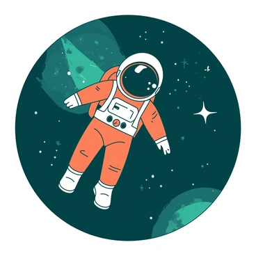 An orange astronaut in a white spacesuit is floating in the vastness of space. The astronaut's helmet reflects the light from nearby stars. Surrounding the astronaut, there are distant galaxies visible in shades of teal, with swirling patterns and bright bursts of light. Nebulae can be seen in the background, adding depth to the scene. Small twinkling stars scatter throughout the dark expanse.