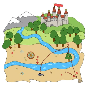 An illustrated treasure map with a whimsical design. The map features a winding river that cuts through the landscape, with sparkling blue water and small fish visible beneath the surface. There are towering mountains in the background, depicted with snow-capped peaks and green slopes. Alongside the river, there are lush green trees, with some trees having colorful fruits. A majestic castle is situated on a hill, with tall spires and banners fluttering in the wind. The map includes an 'X' marking the treasure location, surrounded by ornate compass roses and playful symbols indicating various points of interest.