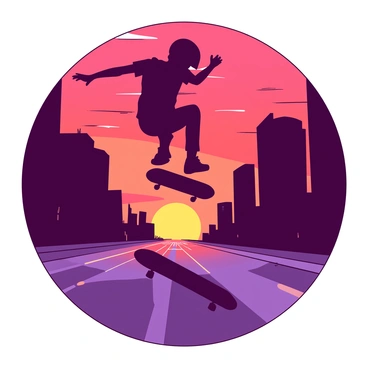 A silhouetted skateboarder in a dynamic pose is executing a trick above the pavement of an urban street. The skateboarder wears a helmet and casual streetwear, capturing the energy of the scene. The backdrop features a vibrant sunset, casting hues of red and orange across the sky. Tall buildings line the street, their silhouettes dark against the glowing horizon. The asphalt reflects the warm colors of the sunset, creating a dramatic contrast with the skateboarder in the air.