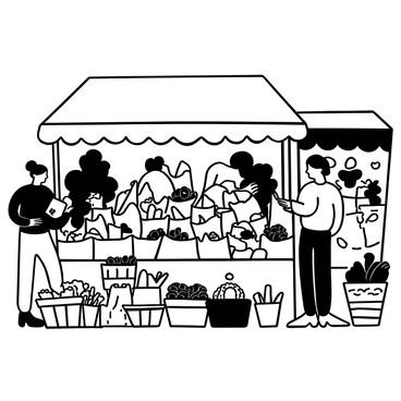 A busy market stall presenting an array of plastic bags filled with fresh produce. Various bags are neatly arranged, showcasing leafy greens, ripe tomatoes, and bright bell peppers. There are also several baskets filled with fruits, including apples and oranges, positioned alongside the bags. The stall is surrounded by customers browsing and selecting items, while a vendor is actively engaging with a customer. In the background, there are other stalls displaying additional fruits and vegetables, adding to the bustling atmosphere.