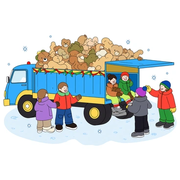 A large, colorful truck with a bright blue exterior and yellow accents is parked in a snowy park. The back of the truck is open, revealing a mound of various plush toys, including teddy bears, bunnies, and dinosaurs, all covered in soft, fluffy textures. Brightly colored ribbons in red, green, and gold are strung along the edges of the truck, creating a festive atmosphere. A group of excited children, wearing winter coats, hats, and mittens, are lined up, eagerly waiting their turn to climb into the truck. Some children are laughing and pointing at the plush toys, while others are sitting inside the truck, holding their favorite stuffed animals. The ground is blanketed in fresh, white snow, and snowflakes are gently falling from the sky, adding to the joyful winter scene.
