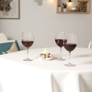 A dinner table set for two, adorned with a crisp white tablecloth. There are two elegant wine glasses, each filled with dark red wine, positioned beside a small flickering candle in a decorative holder. The candle casts a warm glow across the table. In the center, a delicate flower arrangement adds a touch of color. The background features soft lighting and a hint of rustic decor, creating an inviting atmosphere.