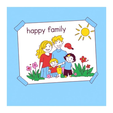 A colorful child's drawing titled "happy family" is taped to a light blue wall. The drawing features a smiling mother and father, each with bright yellow hair, standing side by side. They are holding hands with two children, a girl with pigtails and a boy with a baseball cap, both drawn in vibrant colors. Above them, a yellow sun with rays extends outward, illuminating the scene. In the background, there are green grass and a few flowers drawn in red and pink, completing the joyful atmosphere of a sunny day.