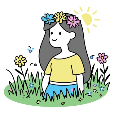 A noblewoman with long flowing hair is wearing a crown made of colorful wildflowers. She is standing in a lush meadow filled with tall green grass and scattered wildflowers. The sun softly illuminates her features, creating a warm glow. She is smiling gently, conveying a sense of tranquility and joy. The background consists of vibrant greenery, enhancing the natural beauty of the scene.