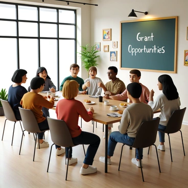 A networking event taking place in a modern, bright café filled with natural light. Several illustrators of diverse backgrounds are seated at different tables, each engaged in animated conversations. Some are holding cups of steaming coffee, while others have notebooks and pens in front of them. The walls are adorned with colorful art pieces and illustrations, creating an inspiring atmosphere. A large chalkboard displays the words "Grant Opportunities" in bold letters, serving as a focal point for discussions. There are small plates of pastries on the tables, inviting attendees to enjoy a snack while they connect.