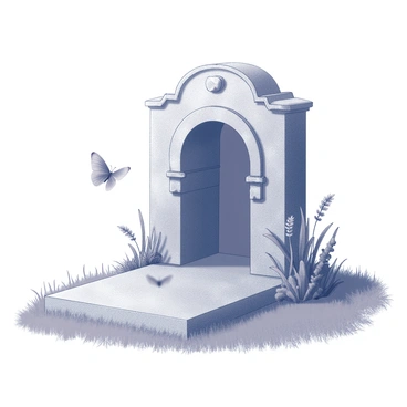 An empty tomb made of weathered stone, featuring a rounded archway and intricate carvings. The structure is partially overgrown with grass and wildflowers. It is positioned at the edge of a meadow that stretches out gently, dotted with patches of tall grass. A few butterflies are fluttering around the tomb, their delicate wings detailed as they dance in the air. The scene is calm and inviting, with the meadow surrounding the tomb, enhancing its solitude.