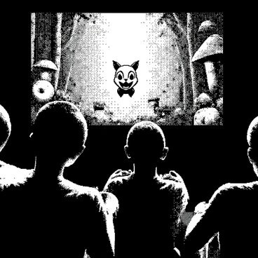 A group of players is engaged in a video game, each focused on guiding a cartoon animal through a dense forest filled with various trees and plants. The cartoon animal, which is a small, cheerful creature with exaggerated features, is depicted in the center of the scene as it navigates through the forest. The players, shown as silhouettes to maintain anonymity, are positioned around the screen, with their hands on controllers. In the background, there are whimsical elements such as oversized mushrooms and colorful flowers, enhancing the playful atmosphere. The goal of the game is clear, as hints of other cartoon animals can be seen in the distance, suggesting they are friends waiting to be rescued.