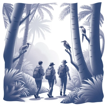 A group of adventurers walking through a dense tropical jungle. The scene captures three individuals equipped with backpacks and hiking gear. They navigate a narrow path surrounded by towering trees with thick trunks and broad leaves. Exotic birds can be seen perched on branches, their distinct shapes and silhouettes outlined against the foliage. Lush greenery surrounds the adventurers, with various types of ferns and tropical plants adding to the density of the environment. Sunlight filters through the canopy, creating dappled patterns on the ground.