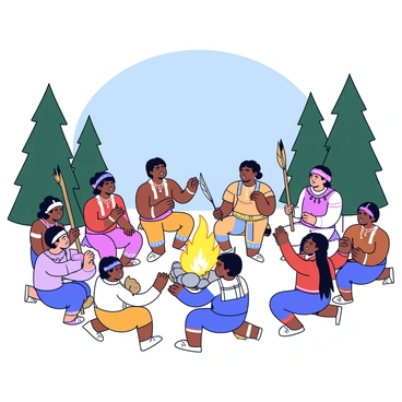 A group of Native Americans gathered in a natural setting, surrounded by tall trees and a clear blue sky. They are dressed in traditional attire, featuring colorful fabrics and intricate beadwork. In the center, a fire burns brightly, surrounded by stones. One individual is playing a wooden flute, while others join hands in a circle, expressing a sense of unity. Some participants are holding feathered staffs, and others have small bags tied around their waists. The atmosphere reflects a moment of deep connection to their land and culture, highlighting their respect for nature.