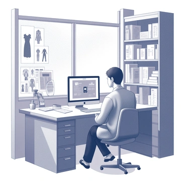 A researcher is sitting at a desk in a laboratory filled with advanced technology. The researcher is focused on a computer screen displaying various AI algorithms and data. Surrounding the desk are fashion sketches pinned on the wall, showcasing different clothing designs and patterns. The lab has shelves filled with books and papers related to technology and fashion. A large window allows light to filter into the room, illuminating the workspace and highlighting the creative atmosphere.