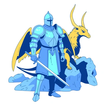 A blue knight wearing shining armor stands confidently beside a yellow griffon. The knight's armor reflects light, showcasing intricate designs, while he holds a gleaming sword in his right hand, positioned at his side. The griffon has majestic wings spread wide and fierce golden eyes, looking forward with an air of readiness. Behind them, there are hints of a rugged terrain, suggesting an adventurous quest awaits. Both the knight and the griffon embody a sense of determination and bravery, poised for action.