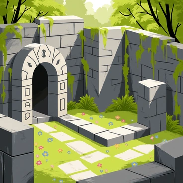 An ancient stone labyrinth with weathered gray walls winding through a dense forest. The labyrinth features tall, moss-covered stones, some partially hidden by creeping vines. Sunlight filters through the leafy canopy, casting intricate shadows on the ground. The entrance to the labyrinth is adorned with a large archway, intricately carved with symbols of long-forgotten civilizations. A sense of mystery surrounds the area, with faint wisps of fog clinging to the ground. Small patches of colorful wildflowers dot the pathways within the labyrinth, adding a touch of vibrancy amidst the stone.