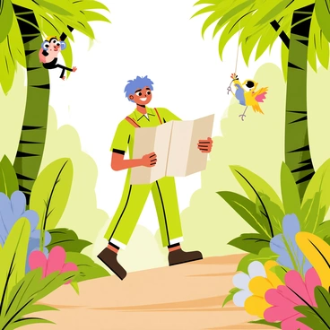 A cartoon character with bright blue hair wearing a green explorer's outfit is embarking on an adventurous journey through a vibrant jungle. The character is holding a large map and has a determined expression. Surrounding the character are tall, lush green trees with thick trunks and colorful flowers blooming along the path. Various tropical animals, such as a playful monkey swinging from a branch and a colorful parrot perched nearby, can be seen in the background. Sunlight filters through the leaves, creating dappled patterns on the jungle floor.